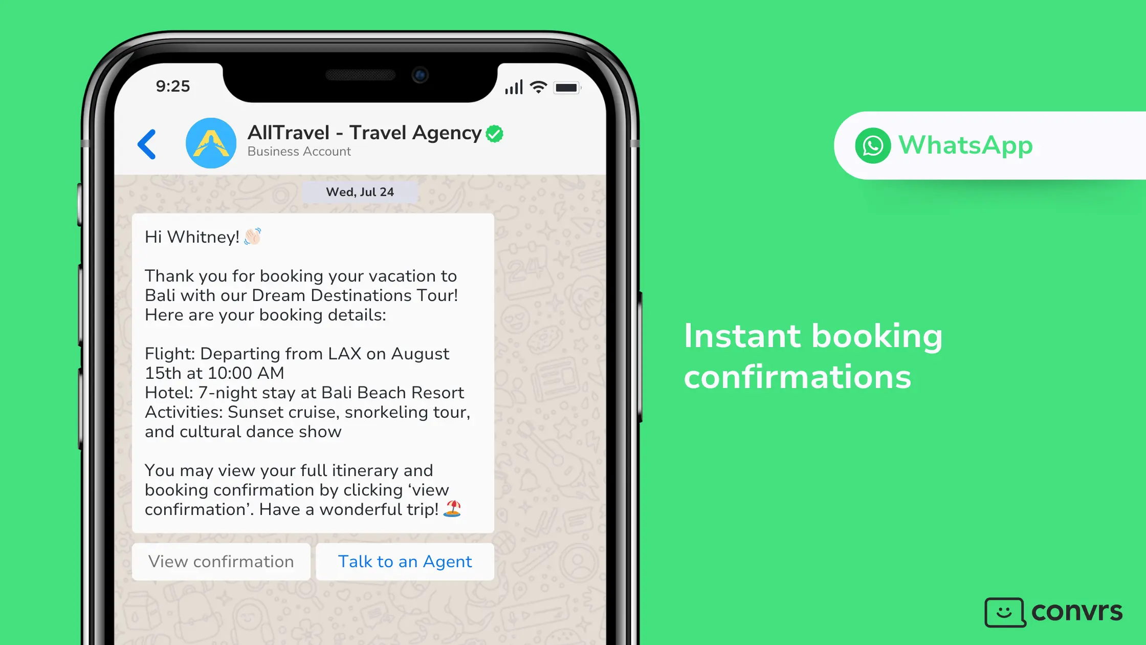 WhatsApp message sent to a customer from a travel agency about booking confirmations